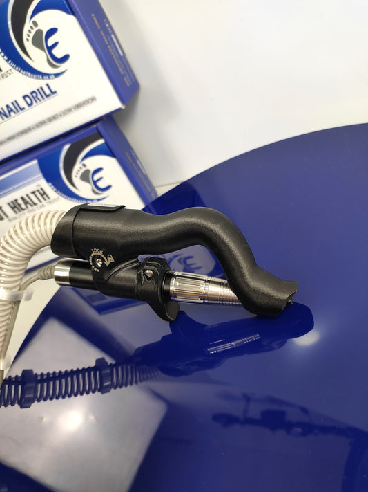 Picture shows stainless steel with black carbon-fibre infused ergonomic handpiece with extraction hose showing to left of picture, for podiatrist nail drill extraction unit, part of podiatry equipment for sale by foot care suppliers, on a blue background.