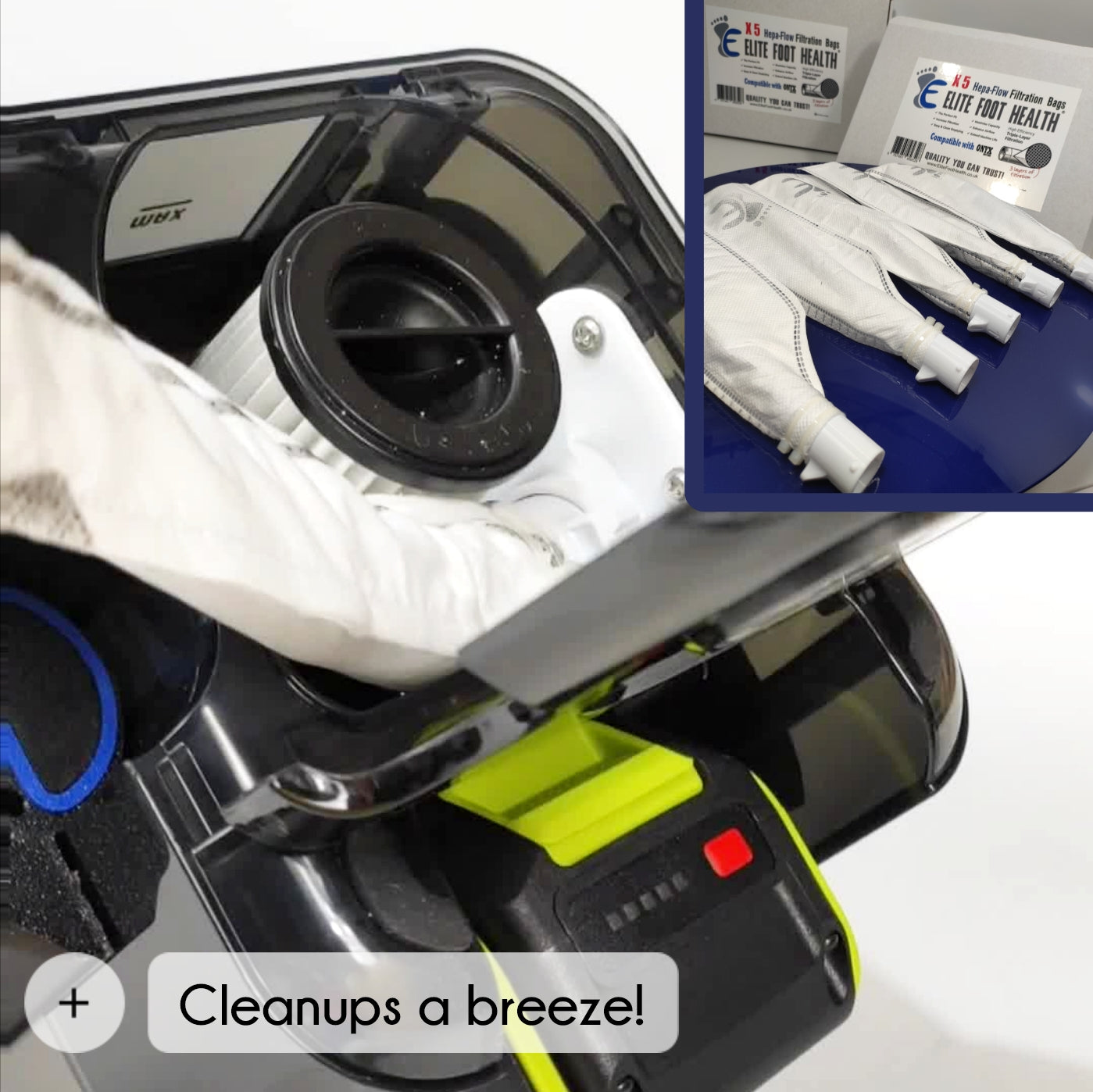 Close-up of elite foot health's onyx extraction drill filter with dust bags and cleaning supplies in the background.