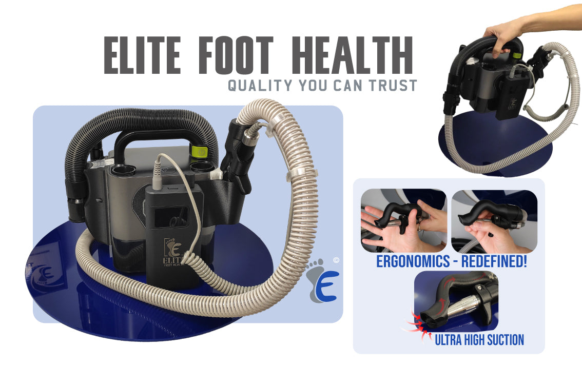 Foot care machine with hose and attachments, labeled 'Elite Foot Health'.