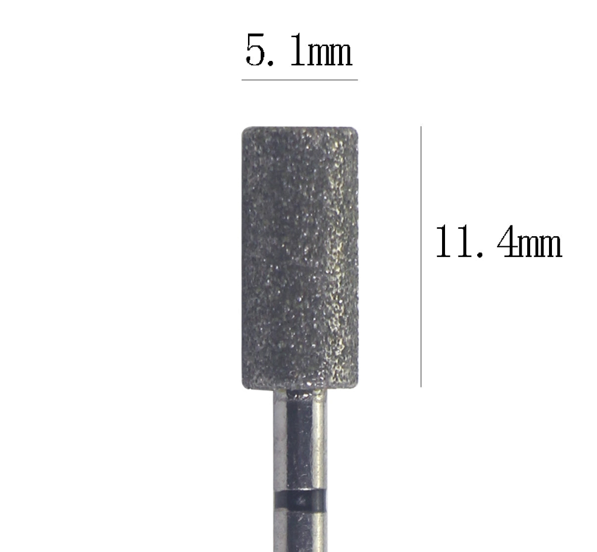 closeup of the dimensions of a diamond burr black on a white background with dimensions