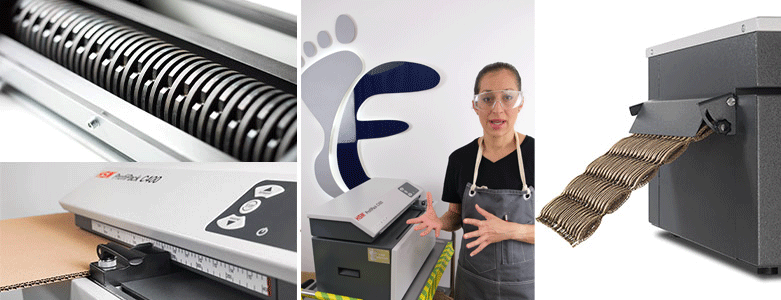 showing the green initiative of elite foot health featuring a shredding machine a woman wearing protective ppe and shredded card on a white background