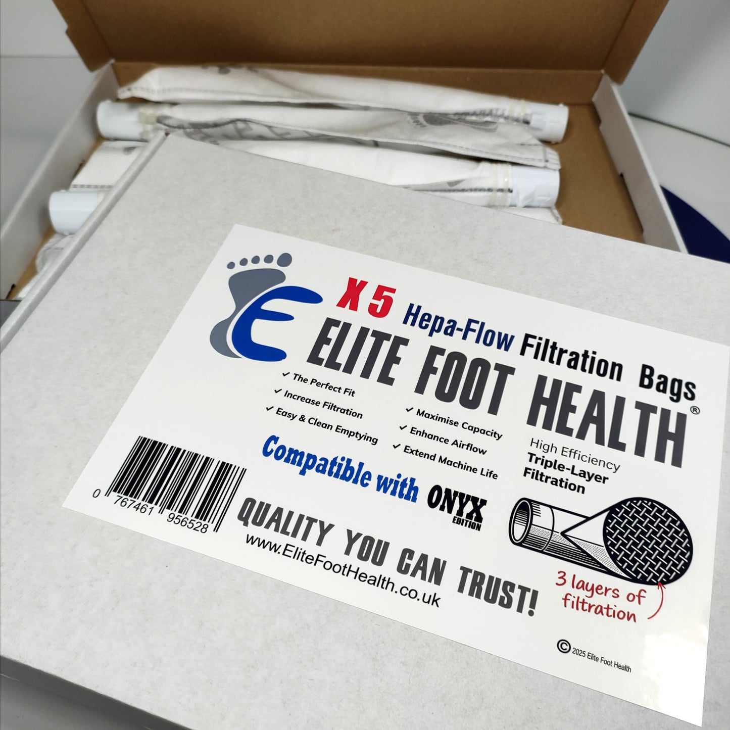 Elite Foot Health Hepa-Flow Filtration Bags packaging with branding and product details.