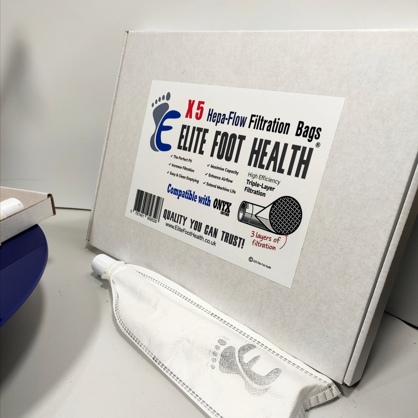 Elite Foot Health Hepa-Flow Filtration Bags with packaging on a white surface