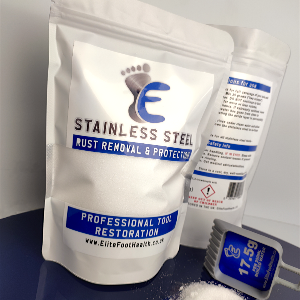 A package of Elite Foot Health stainless steel rust removal and protection solution. The package is white with blue and red text and a logo featuring a foot.