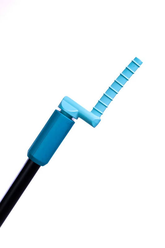 A close-up of an attachment with a bright blue angled arm, a blue collar, and a black pole, isolated on a white background. Toe cleaner tool designed for maintaining hygiene between toes without the need to bend or strain.