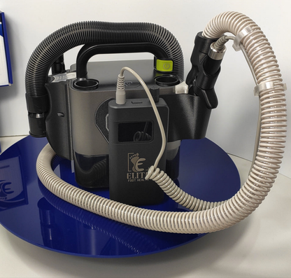 Black battery-powered podiatrist nail drill with extraction unit and flexible hose, ideal podiatry instruments from foot care suppliers.