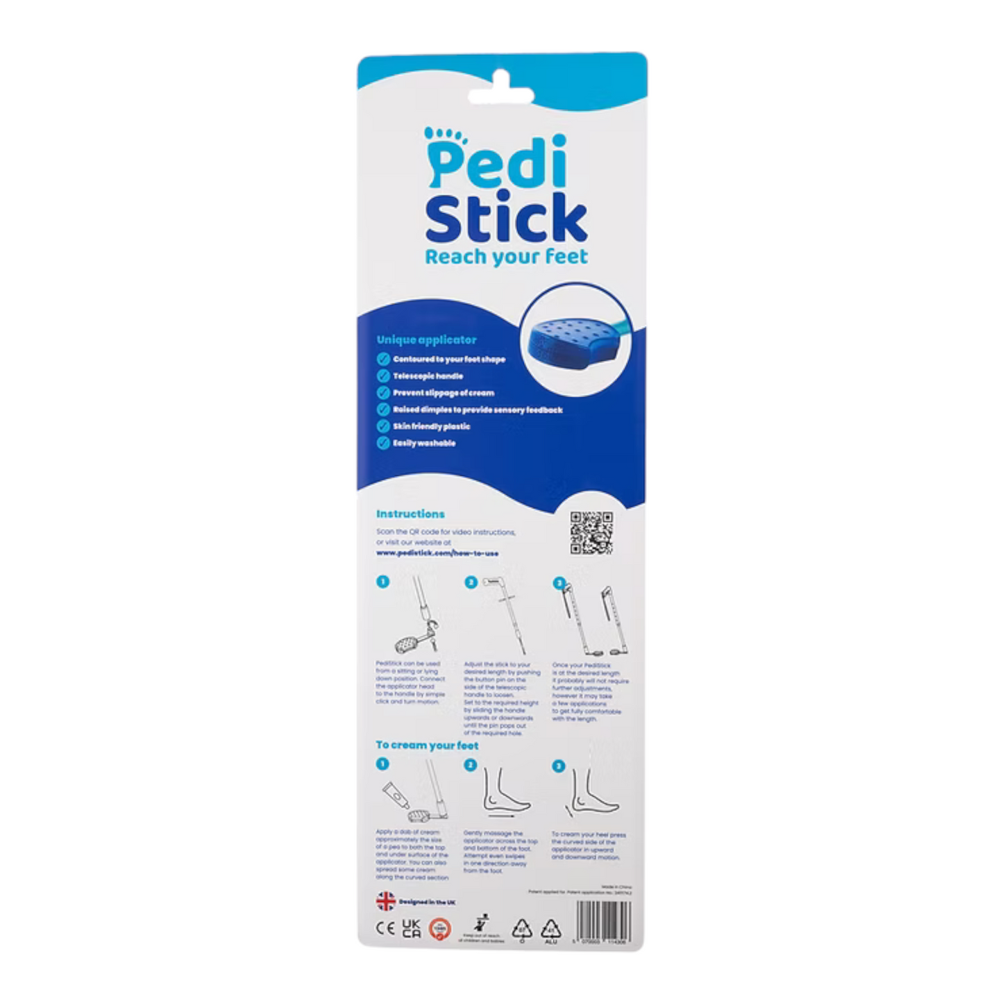 Rear view of PediStick packaging showing product features, diagrams for use, and a QR code for video instructions.