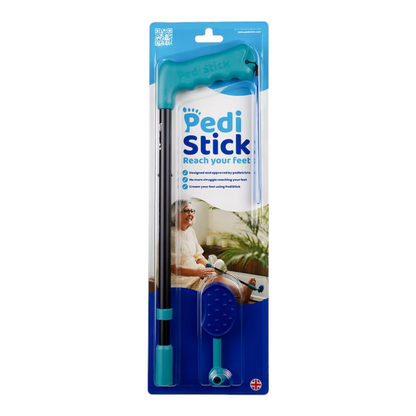 Front view of PediStick retail packaging showing the ergonomic teal handle and blue applicator pad in a blister pack.