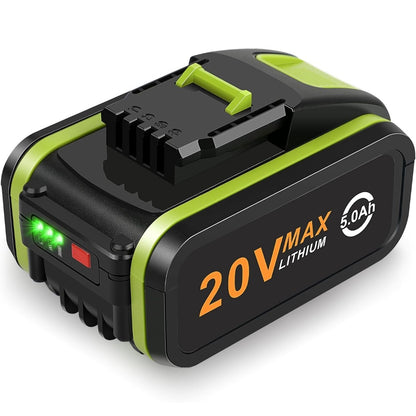 A black and green 20V lithium-ion battery for an extraction drill, indicating a 5.0Ah capacity.