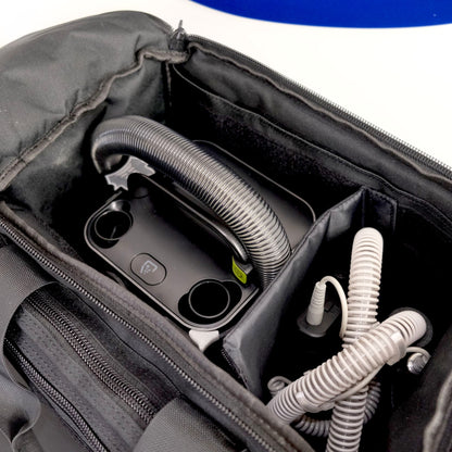 Portable breathing device with hoses in a black bag
