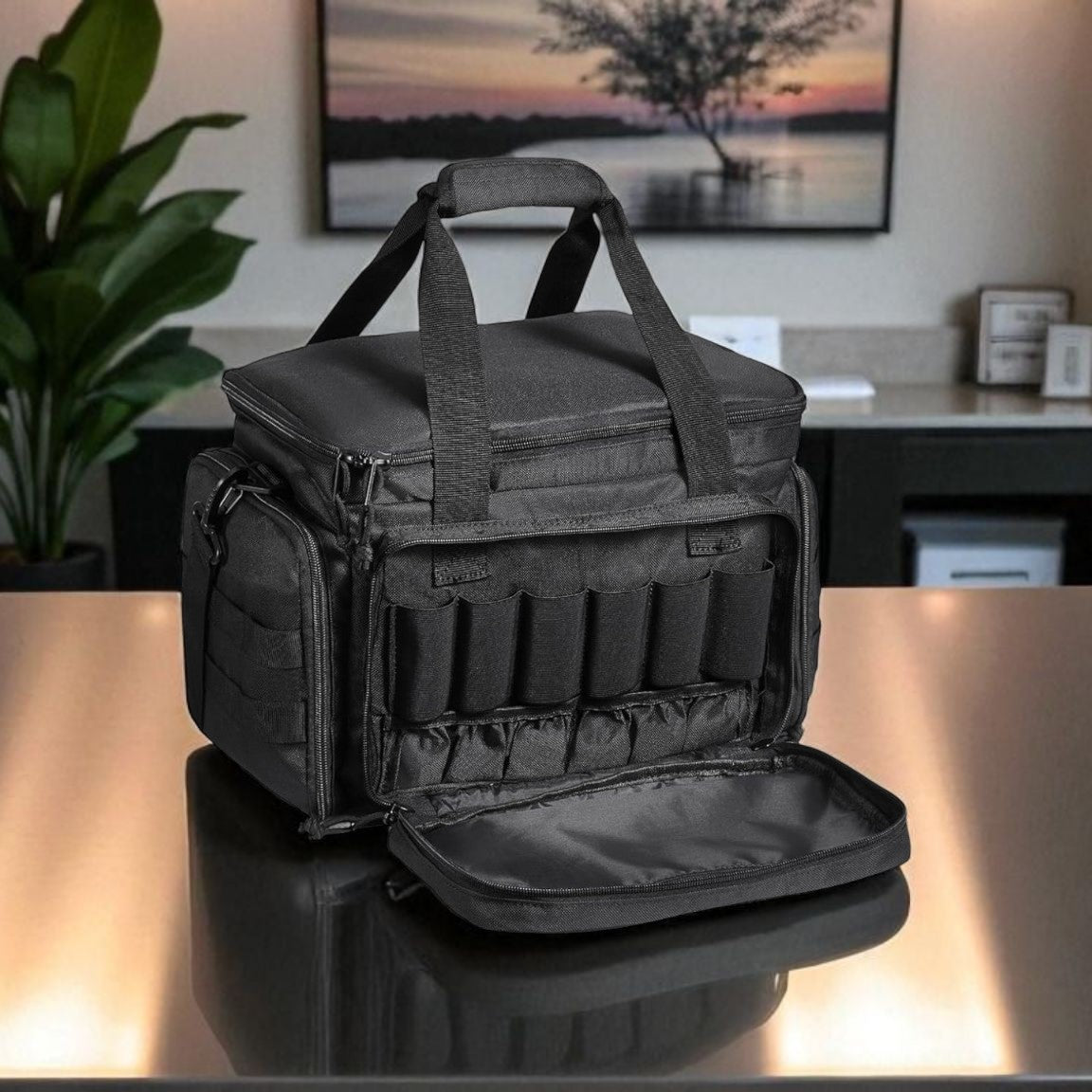 Black tactical bag on a reflective surface with a blurred indoor background
