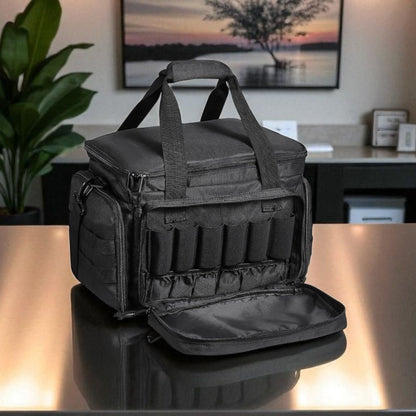 Black tactical bag on a reflective surface with a blurred indoor background