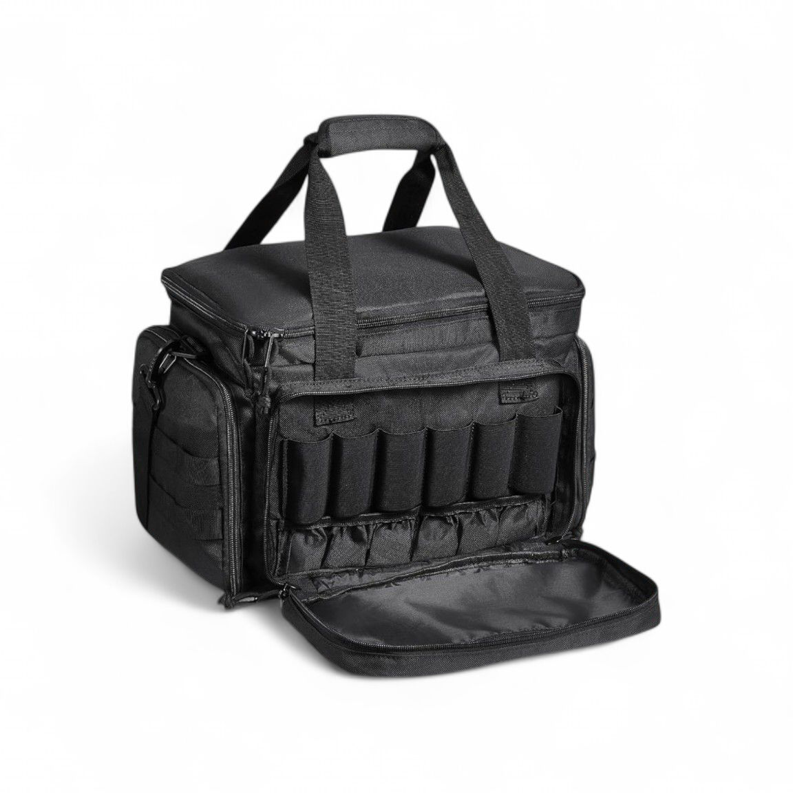 Black tactical bag with multiple compartments on a white background