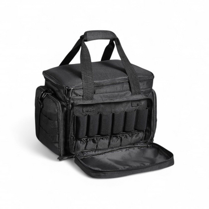 Black tactical bag with multiple compartments on a white background