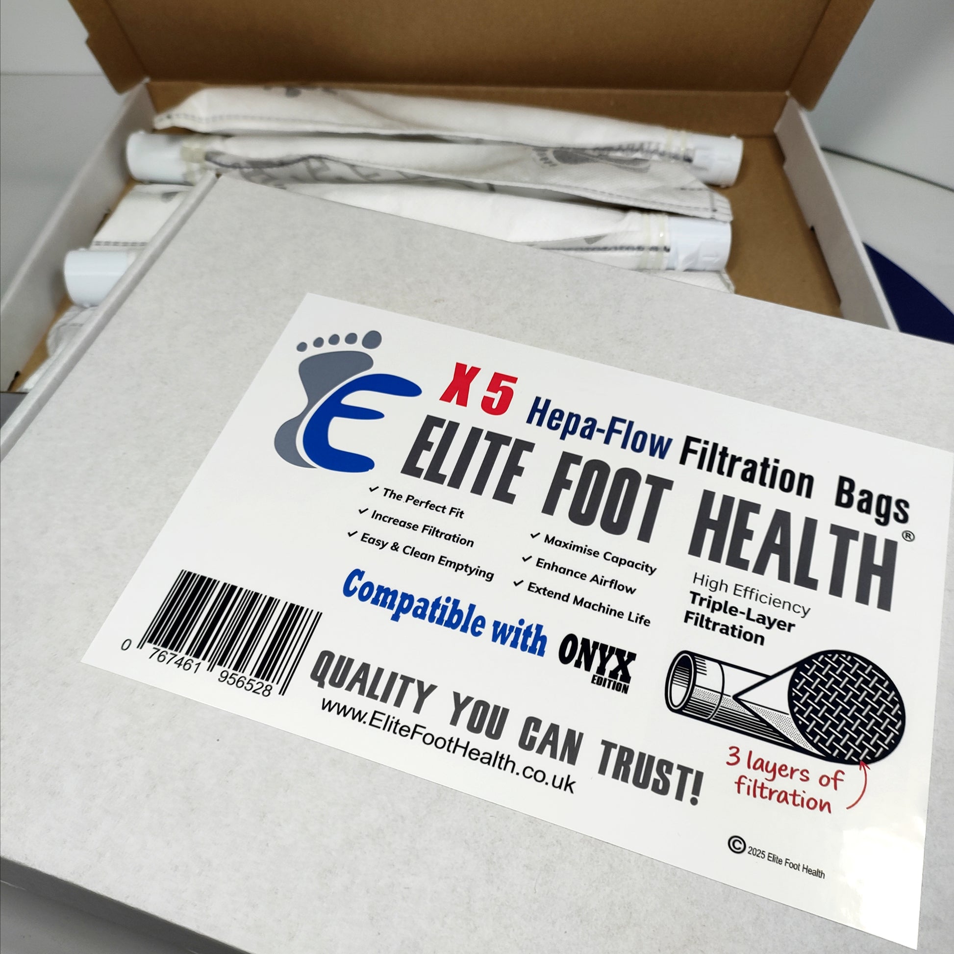 Elite Foot Health Hepa-Flow Filtration Bags packaging with branding and product details.