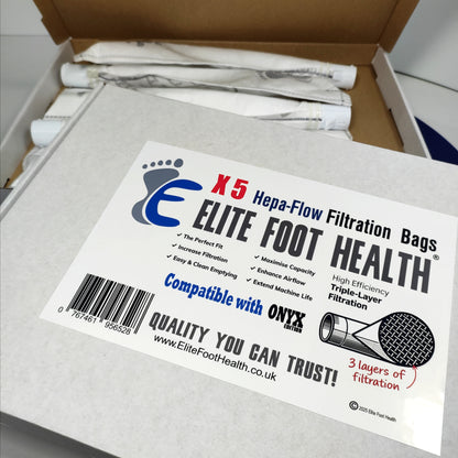 Elite Foot Health Hepa-Flow Filtration Bags packaging with branding and product details.
