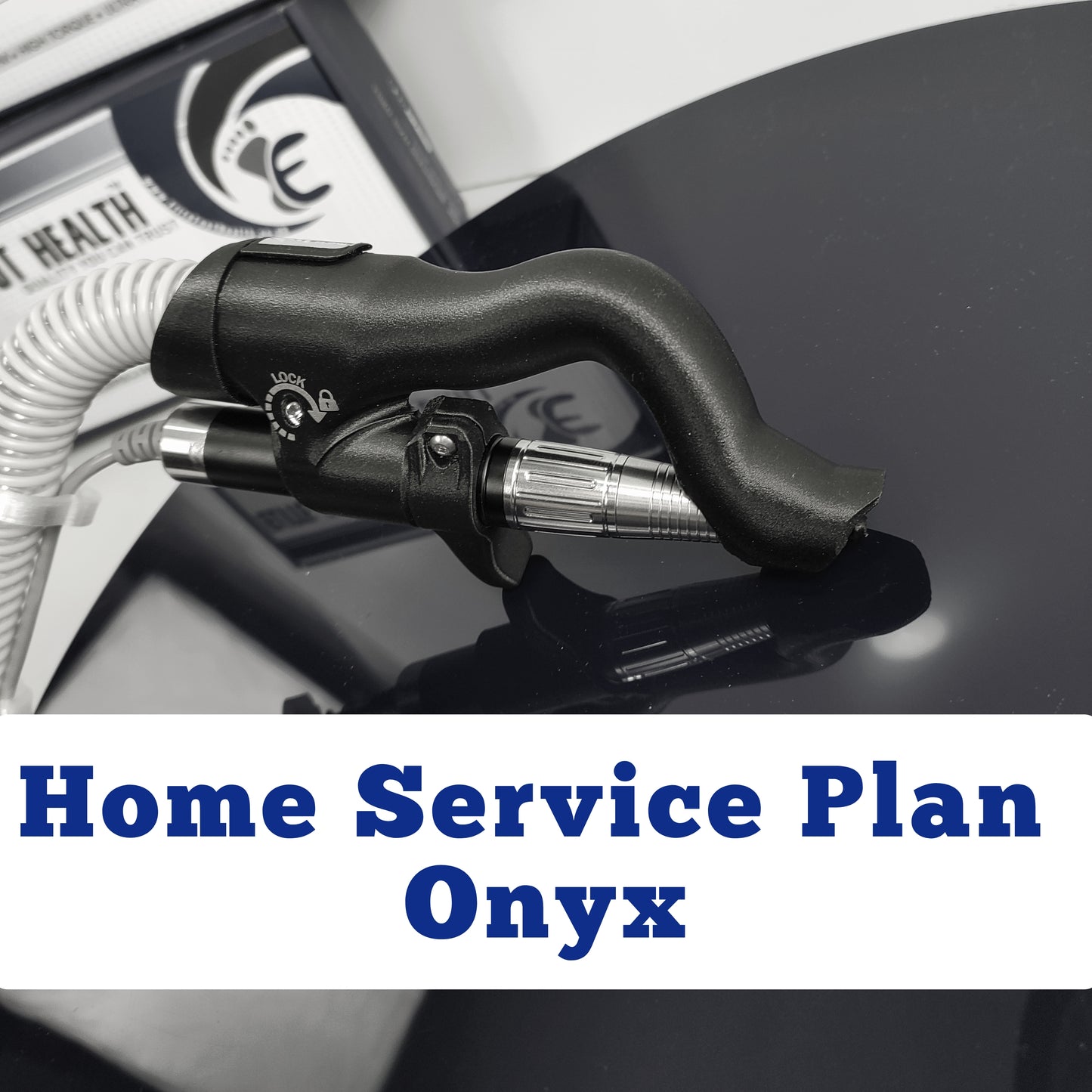 A mobile extraction drill with a black handle and silver body, with the text 'Home Service Plan Onyx' overlayed.