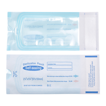 Sterilization pouches in different sizes with blue and white color scheme, designed for medical instruments.