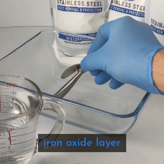 stainless steel rust remover showing submersion, measurements, bag sizes latex hand doing a demonstration of the usage