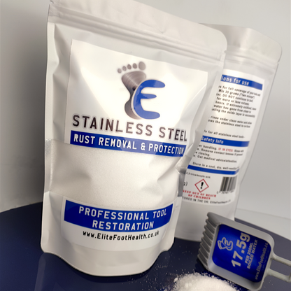 A package of Elite Foot Health stainless steel rust removal and protection solution. The package is white with blue and red text and a logo featuring a foot.