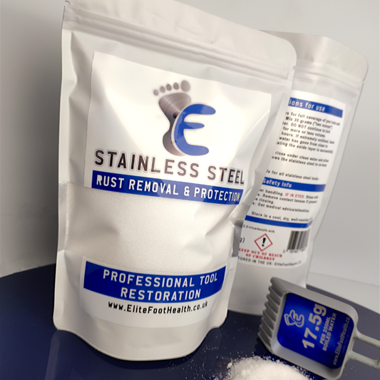 A package of Elite Foot Health stainless steel rust removal and protection solution. The package is white with blue and red text and a logo featuring a foot.